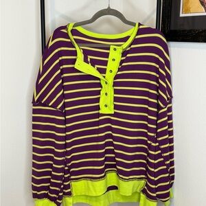 Striped Purple and Neon Yellow Henley Top